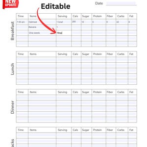 Daily Food Log Journal - Printable & Editable PDF, Calorie Tracker, Instant Download image 2