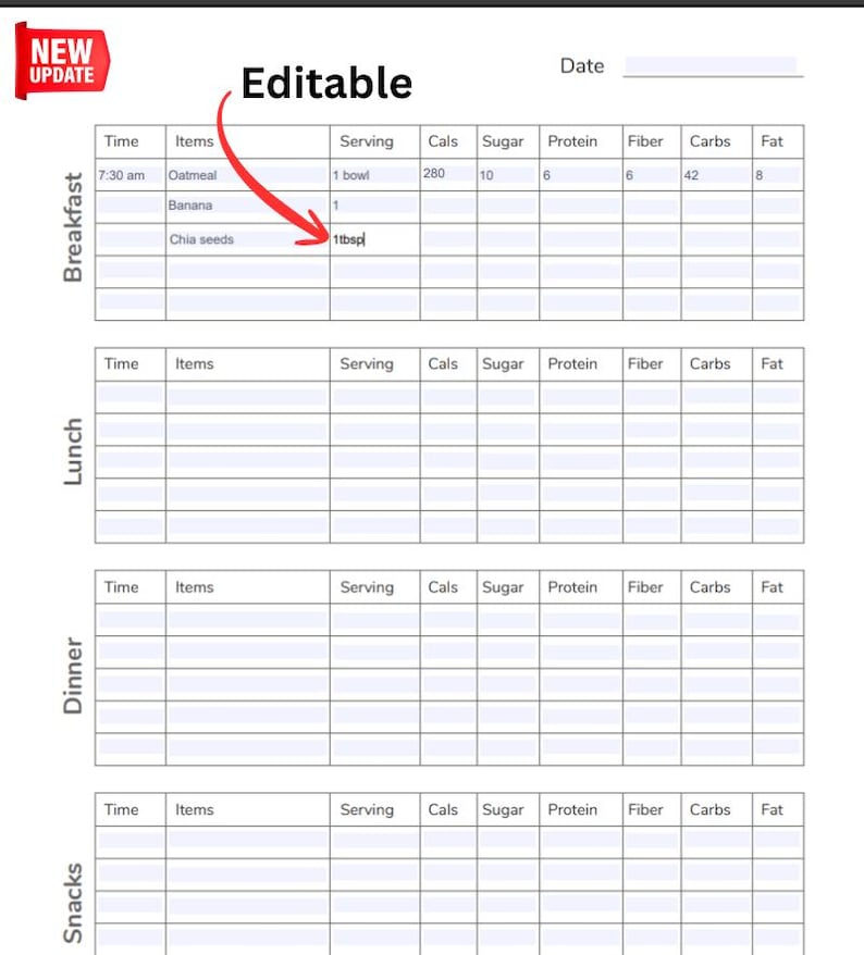 Daily Food Log Journal - Printable & Editable PDF, Calorie Tracker, Instant Download image 2