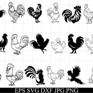 May include: A selection of rooster illustrations in diverse poses and styles, presented in black and white. The images feature detailed line drawings and solid silhouettes, ideal for design applications.