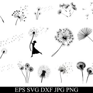 Op de afbeelding: Zwart-wit illustraties van paardenbloemen in verschillende stadia van bloei en verspreiding. Sommige paardenbloemen hebben hartvormige zaden. Een silhouet van een persoon die een paardenbloem vasthoudt, is ook inbegrepen. De tekst "EPS SVG DXF JPG PNG" is aanwezig.