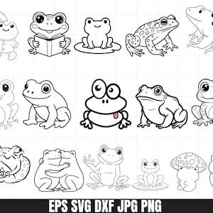 May include: A selection of black and white frog illustrations in different poses. Some frogs are shown with umbrellas, reading books, or on lily pads. The image includes the text "EPS SVG DXF JPG PNG".