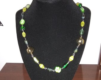 Green and Gold Beaded Necklace made with Glass and Plastic Beads
