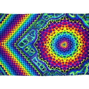 May include: A colorful tapestry with a psychedelic design featuring a circular pattern of rainbow colors and a geometric pattern of triangles. The tapestry has a fringed edge.