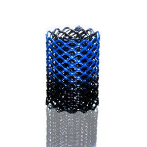 May include: A cylindrical mesh object with a diamond pattern. The top half is bright blue, fading to black at the base. The item is set against a white backdrop, with a subtle reflection visible.