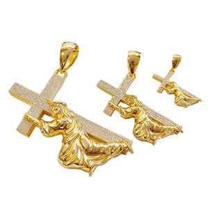 14k Gold Plated over Solid 925 Sterling Silver Jesus Carrying Cross VVS Moissanite Iced Pendant