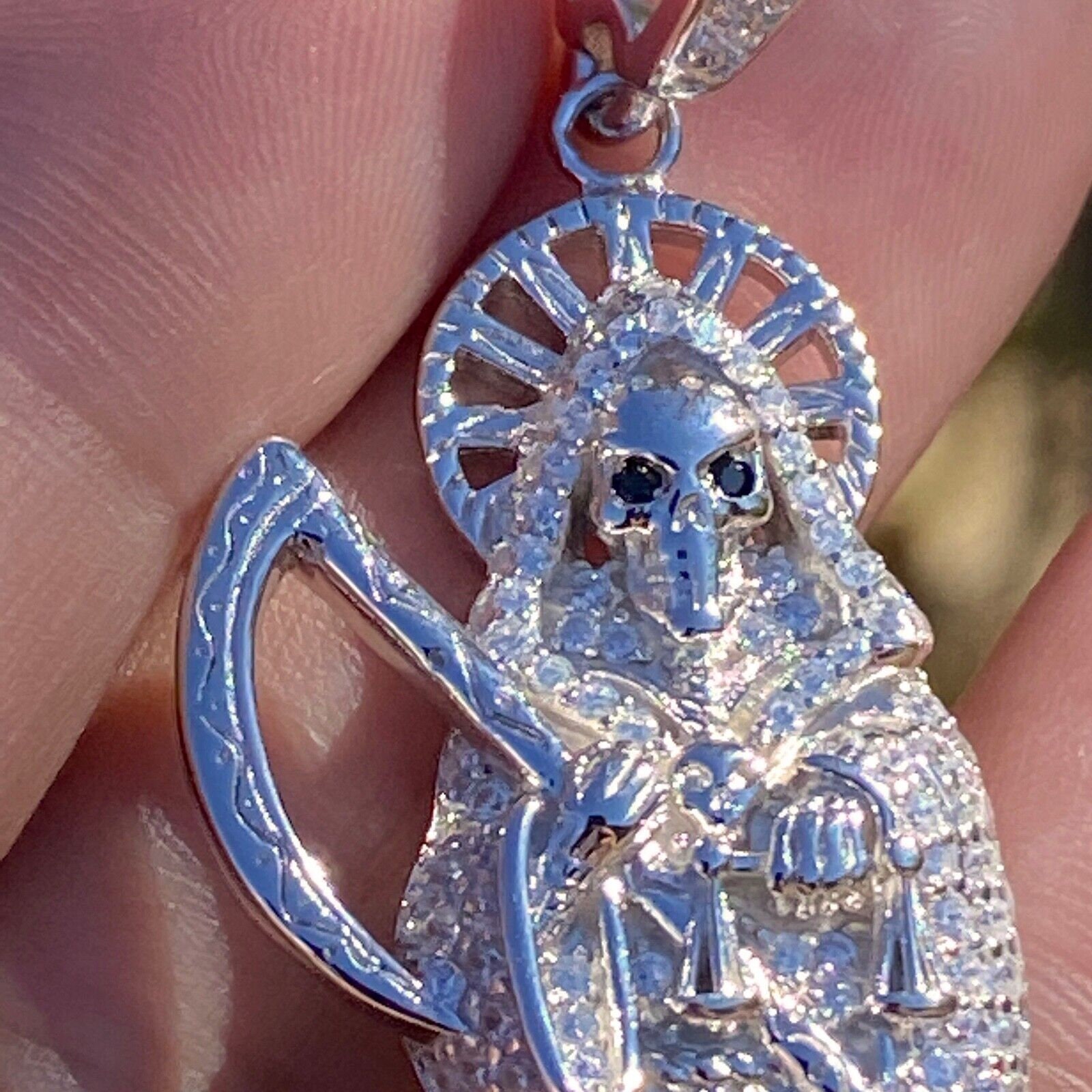 925 Sterling Silver La Santa Muerte Grim Reaper Iced Flooded Out