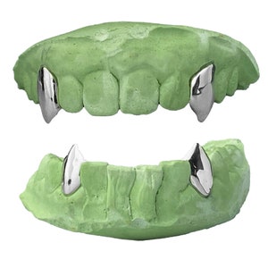 925 Sterling Silver Custom Fang Grillz Set 2 Single Cap Two Vampire Canine Teeth with or without Hidden Connecting Back Bar Bridge