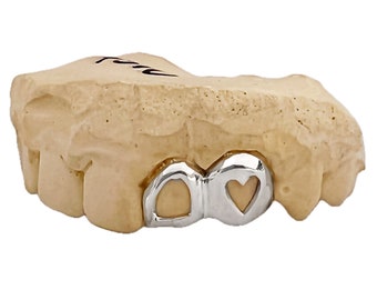 Real 925 Sterling Silver Double Cap Open Heart Cutout & Open Tooth Custom Teeth Grillz