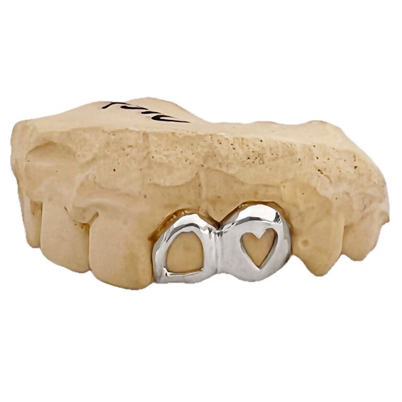 925 Sterling Silver Double Cap Open Heart Cutout & Open Tooth Custom Teeth Grillz