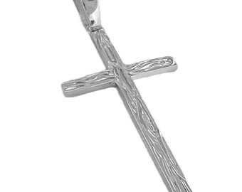 Real Solid 925 Sterling Silver Cross Pendant Simulated Wood Grain Design 2"