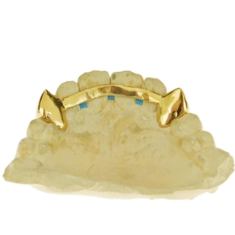 May include: Gold grill with two fangs, designed to fit over the upper front teeth. The grill is made of gold and has a shiny finish.