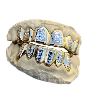 Solid 10K Gold OR 14K Gold Grillz Custom Fitted Diamond Cut 2 Two Tone Teeth Grills