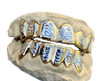 Custom 10K/14K Gold Grillz, Diamond Cut Two-Tone Teeth Grills