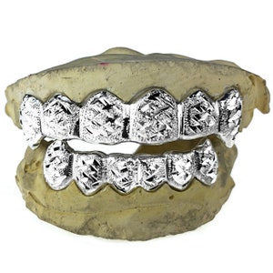 Real 925 Sterling Silver Fang Grillz Custom Fit Dracula Vampire Fangs Diamond Cut Diamond-Dust Teeth Grills