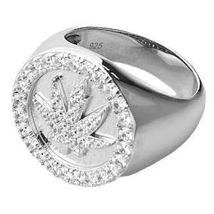 Men's Real Solid 925 Sterling Silver Marijuana Weed Leaf Iced Bling Out CZ Round Ring