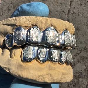 Real Solid 925 Sterling Silver Custom Grillz White Diamond Dust Mouth Grills Handmade Fitted Molded Teeth Grill with Plain Border image 4