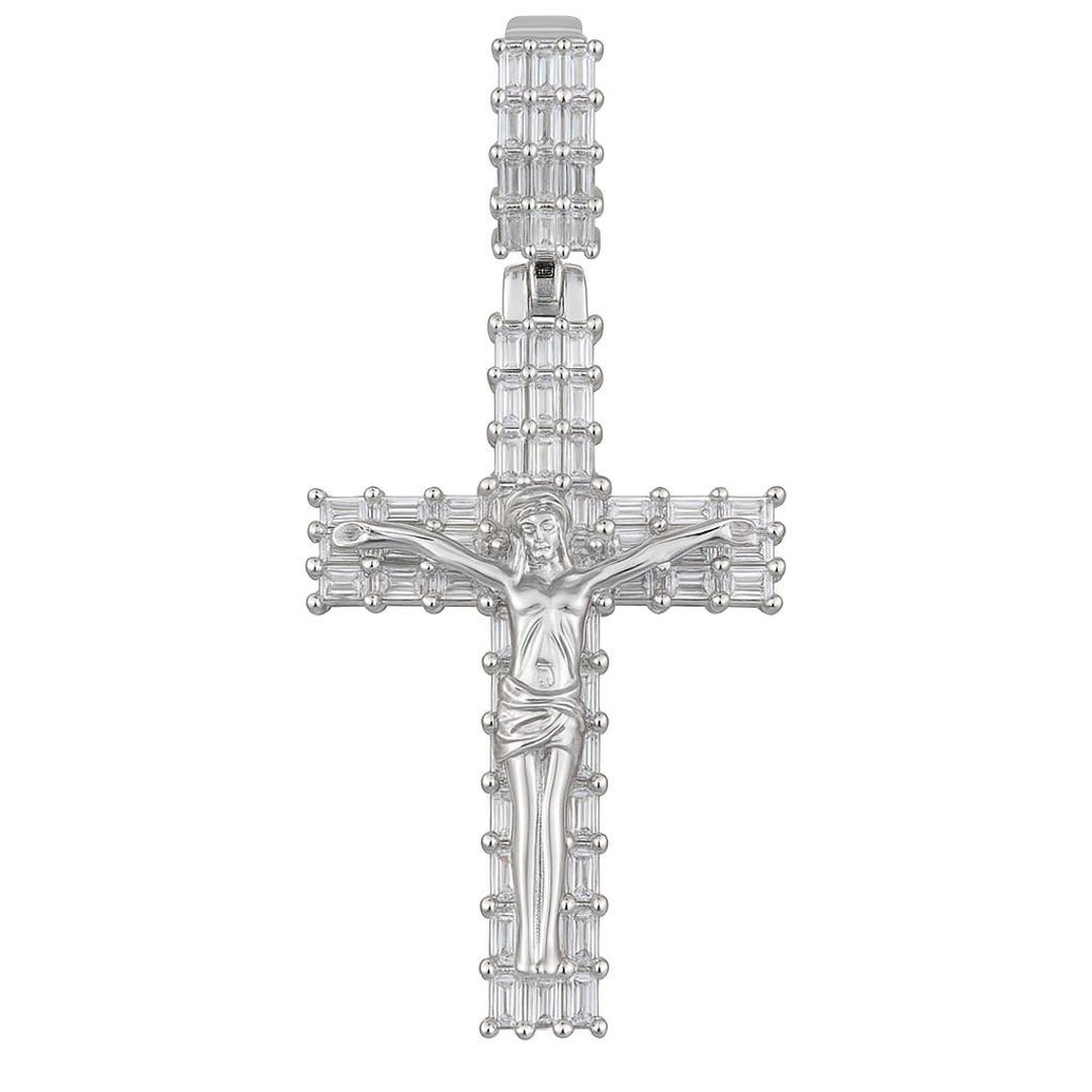 Real Solid 925 Sterling Silver Jesus Crucifix Cross Baguette CZ Pendant ...