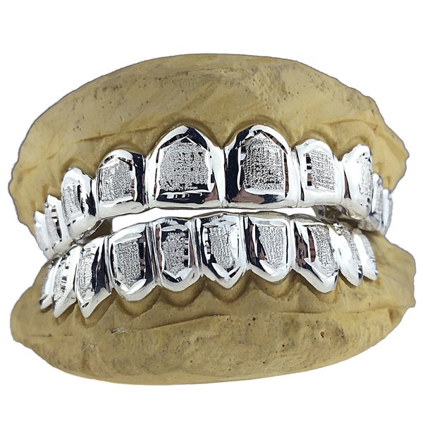 Real Solid 925 Sterling Silver Custom Grillz White Diamond Dust Mouth Grills Handmade Fitted Molded Teeth Grill with Plain Border