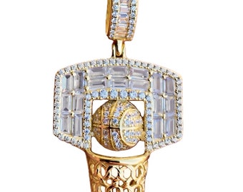 14K Gold Plated over 925 Sterling Silver Basketball Hoop Iced Flooded Out Pendant CZ Baguettes