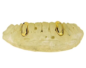 Solid 10K Gold OR 14K Gold Custom Fitted Single Cap Open Face Grillz Set 2 Two Teeth Includes Hidden Connecting Back Bar Bridge