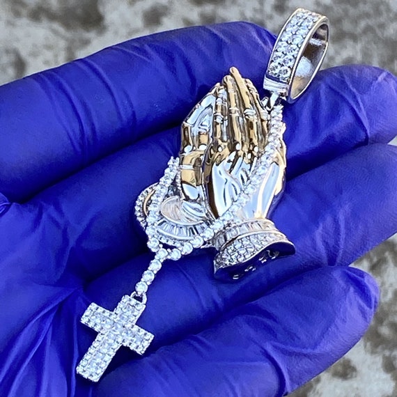 925 Sterling Silver Iced CZ Pendant Pray Praying Hands W/dangling