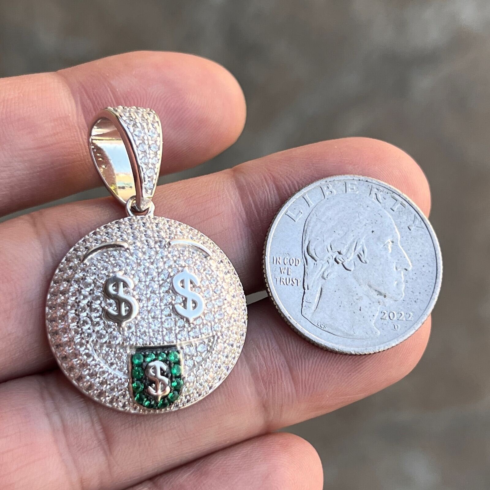 925 Sterling Silver Money Mouth Smiley Face Emoji Pendant, CZ Iced 