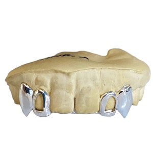 Real Solid 925 Sterling Silver Custom Fangs Grillz Set Double Caps Vampire Teeth Fang & Open Tooth Cap Optional Back Bar Bridge