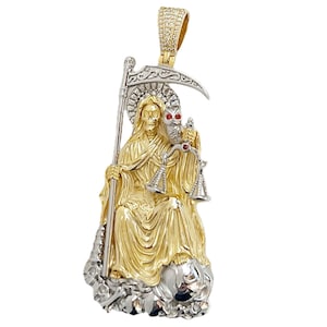 14K Gold Plated over Solid 925 Sterling Silver La Santa Muerte Moissanite VVS1 Pendant Dije de Plata 3&quot;
