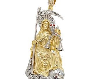 14K Gold Plated over Solid 925 Sterling Silver La Santa Muerte Moissanite VVS1 Pendant Dije de Plata 3&quot;