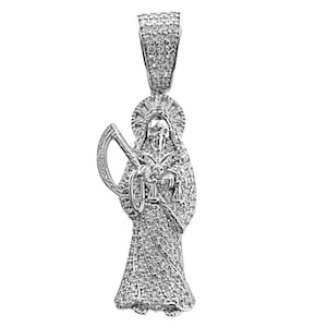 Real Solid 925 Sterling Silver La Santa Muerte CZ Small Grim Reaper Pendant 1.75&quot;
