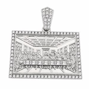Solid 925 Sterling Silver The Last Supper Rectangular Pendant Iced CZ