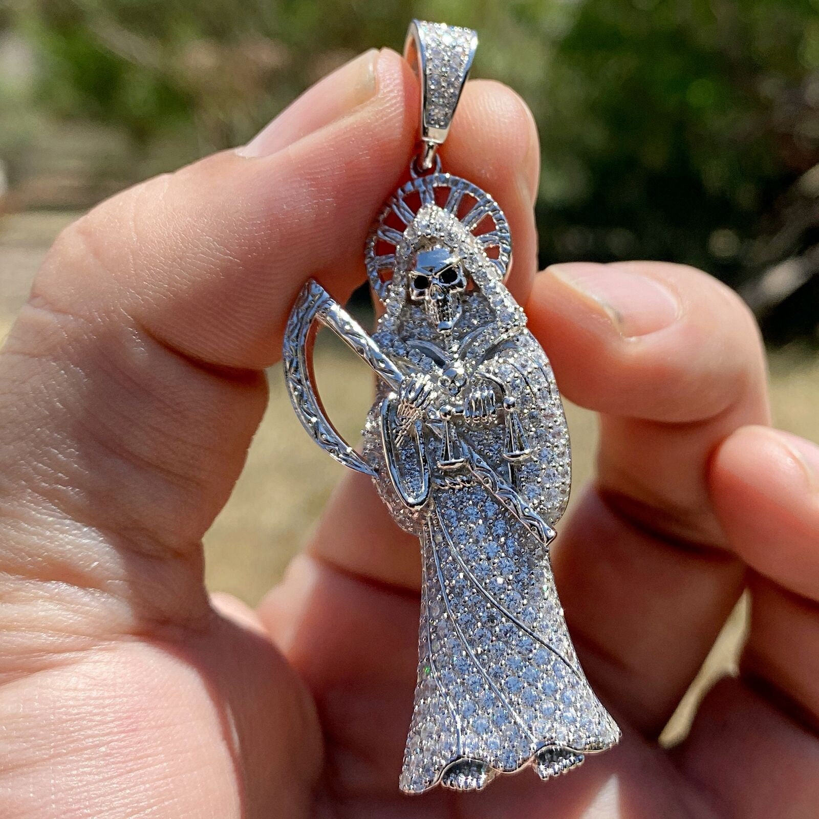 925 Sterling Silver La Santa Muerte Grim Reaper Iced Flooded Out