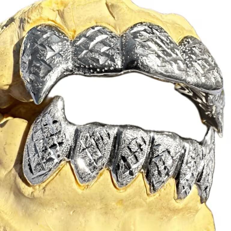 925 Sterling Silver Fang Grillz, Custom Fit Diamond-cut Diamond