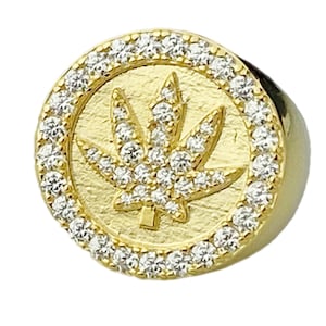 Men's 14k Gold Plated over Real Solid 925 Sterling Silver Marijuana Weed Leaf Iced Bling Out CZ Round Ring