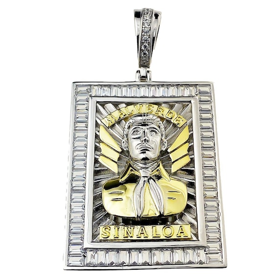 925 Sterling Silver Jesus Malverde CZ Square Pendant, Two-tone