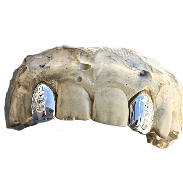 925 Sterling Silver Custom Fitted Single Tooth Starburst Design Caps Two Teeth Grillz Set