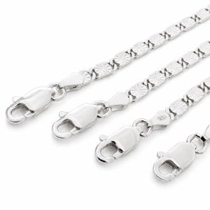 May include: Four silver-toned metal chains featuring a repeating pattern of circular, sunburst-textured links. Each chain is finished with a polished lobster claw clasp, with the number 925 clearly stamped on the metal surface of each clasp mechanism.