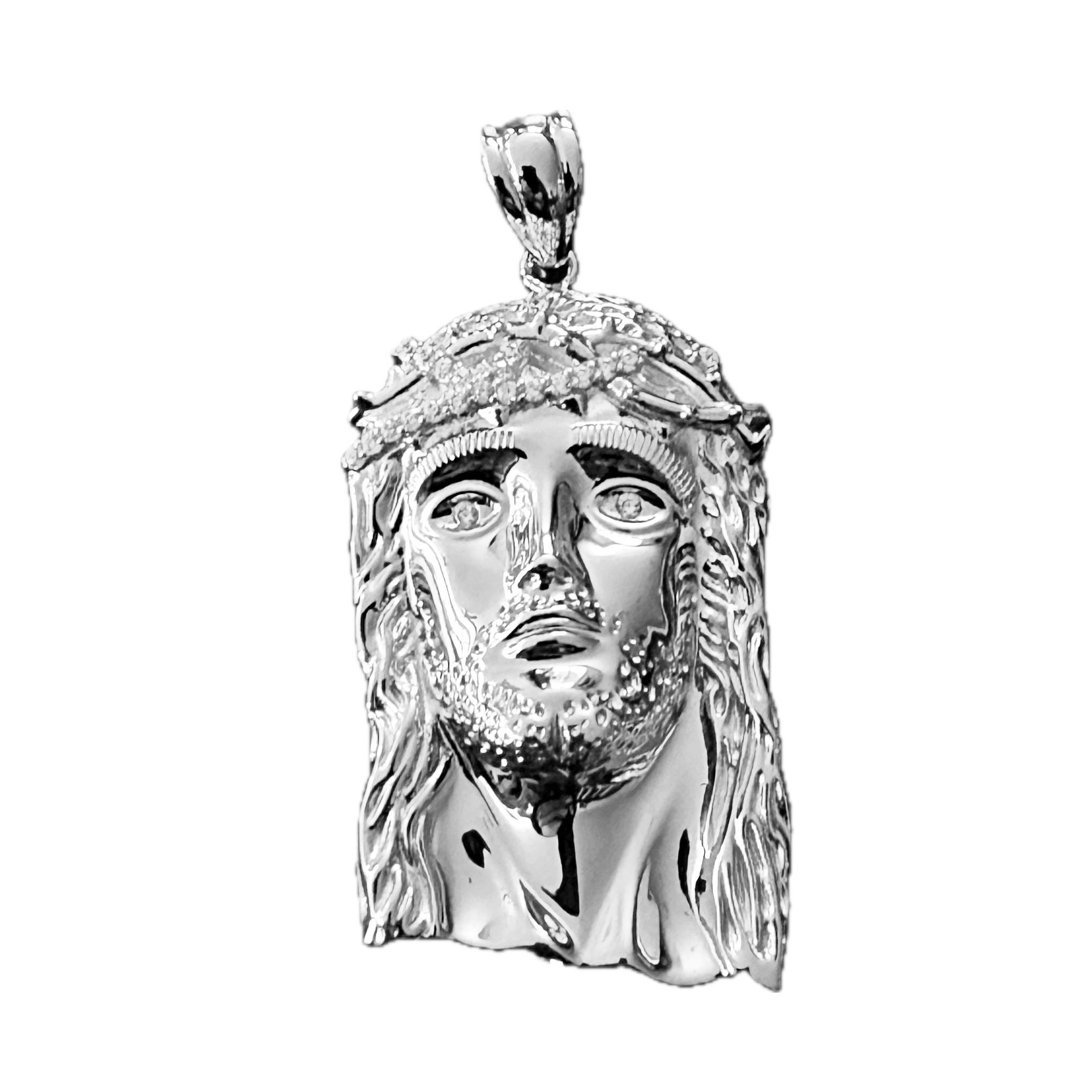 Real Solid 925 Sterling Silver Jesus Head Pendant CZ Crown Medium Piece 2.5" Inch