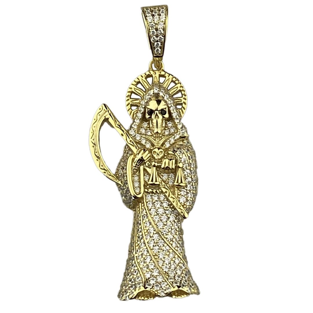 Italiano Silver Solid 925 Sterling Silver Grim Reaper Santa Muerte Ring 14k Gold Plated