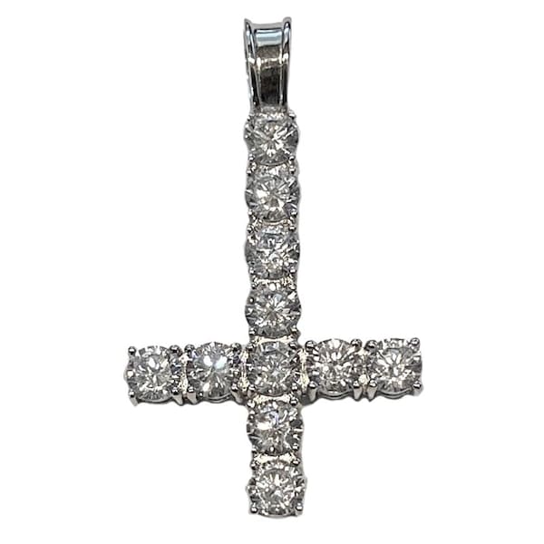 925 Sterling Silver Upside Down Inverted Cross St Peter Iced Flooded Out CZ Tennis Pendant
