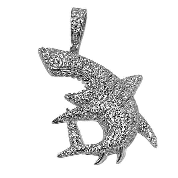 925 Sterling Silver Shark Micro Pave CZ Hip Hop Pendant Dije de Plata 2"