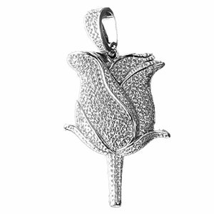 925 Sterling Silver Rose Bud Flower Iced CZ Flooded Out Pendant