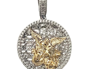 925 Sterling Silver St Michael Archangel Pendant Medallion CZ Iced Baguettes Flooded Out San Miguel Dije De Plata