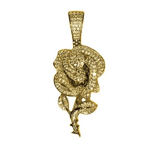 14k Gold Plated over Solid 925 Sterling Silver Rose Flower Iced Pendant CZ Hip Hop Charm Bling Out