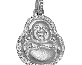 925 Sterling Silver Laughing Buddha Matte Lucky Pendant Iced CZ Small 1"