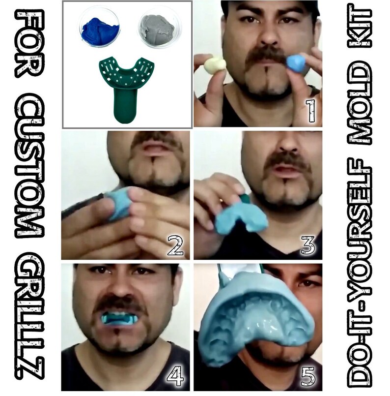 May include: A five-step guide on how to make custom grillz. The steps are illustrated with photos of a person using a mold kit. The kit includes a green mold tray, blue and gray molding compound, and a set of grillz.