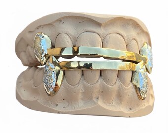 Gold Plated 925 Sterling Silver Custom Grillz: Diamond Dust Vampire Fangs