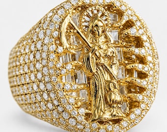 14k Gold Plated 925 Sterling Silver La Santa Muerte Oval Ring, Huge Iced CZ Grim Reaper