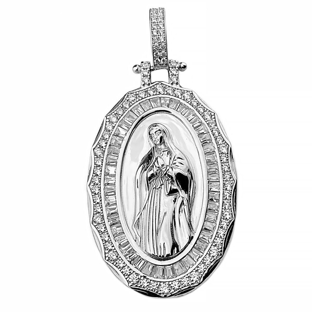 925 Sterling Silver Virgin Mary CZ Oval Pendant - La Virgen De ...
