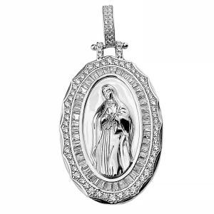 Real Solid 925 Sterling Silver Virgin Mary Our Lady La Virgen de Guadalupe CZ Oval Pendant Medium 2" Dije De Plata